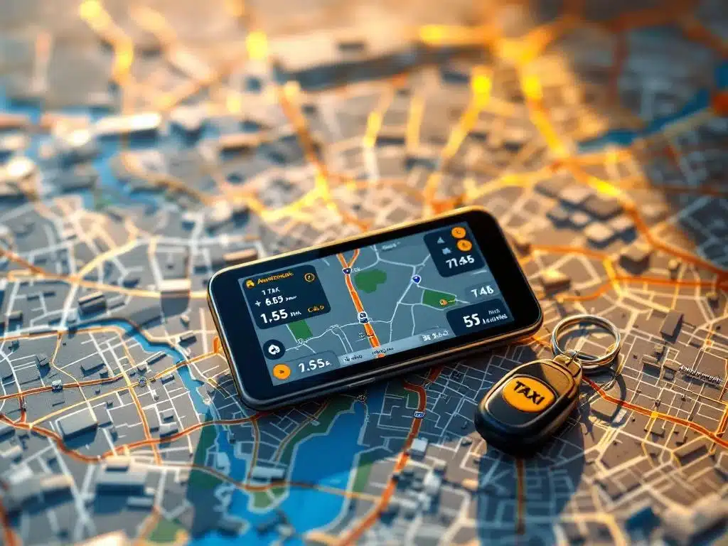 Stadsplattegrond Amsterdam met GPS-navigatie en taxisleutel, vogelperspectief met grachten en moderne routeberekening