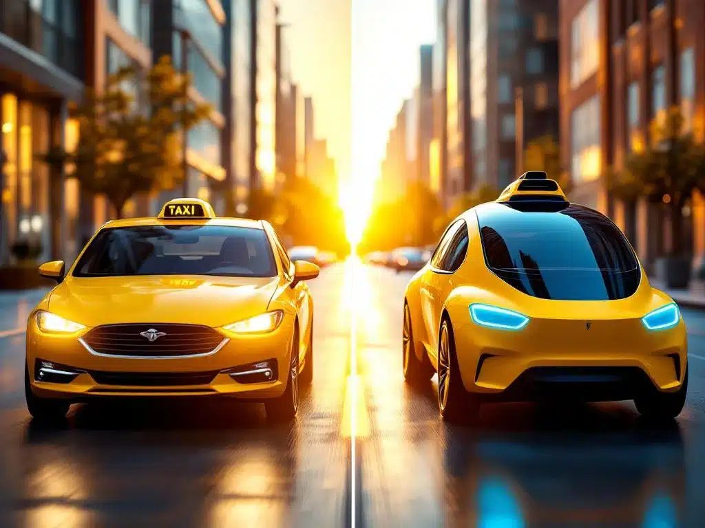 Gesplitst beeld van gele traditionele taxi links en autonome auto met blauwe LED-verlichting rechts, transportevolutie