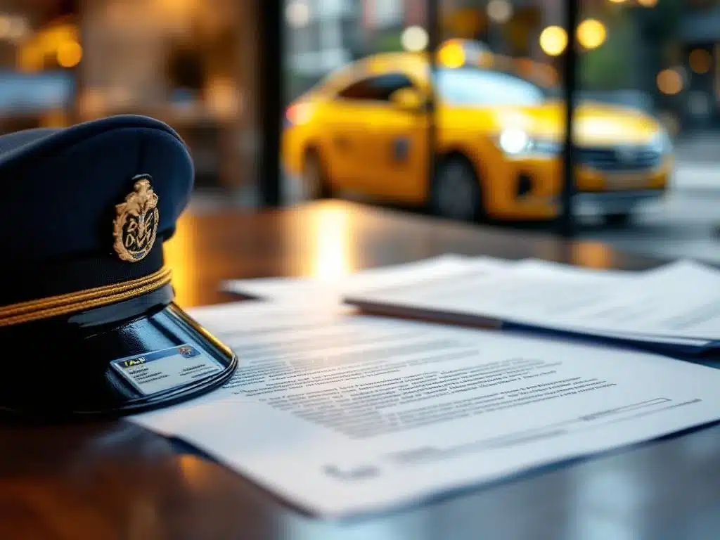 Nederlandse cao-documenten op houten bureau met taxichauffeurspet en vergunning, gele taxi op achtergrond