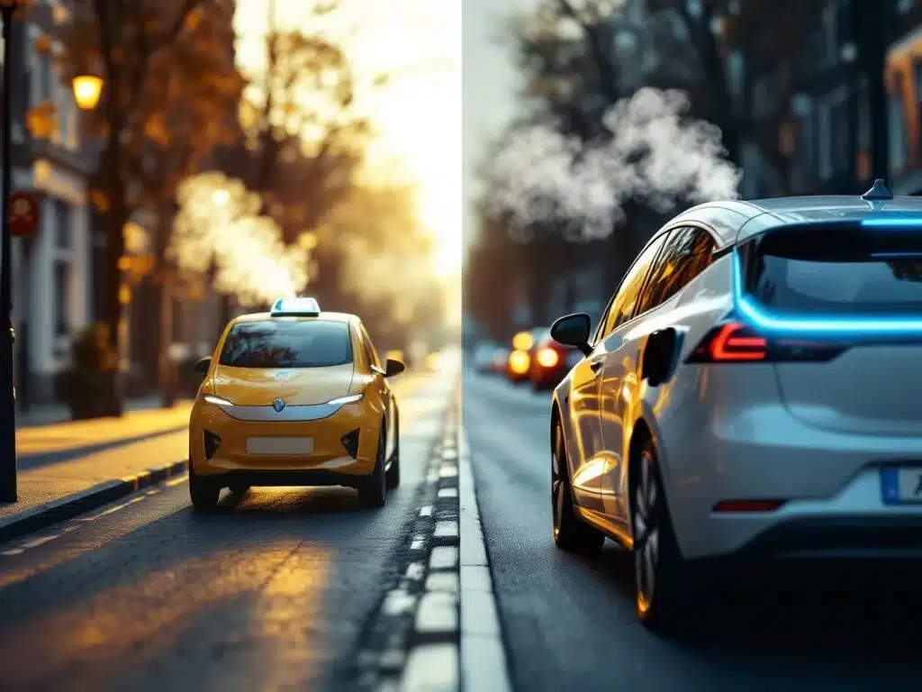 Traditionele gele taxi naast moderne witte elektrische taxi op Nederlandse straat, contrast oude en nieuwe technologie