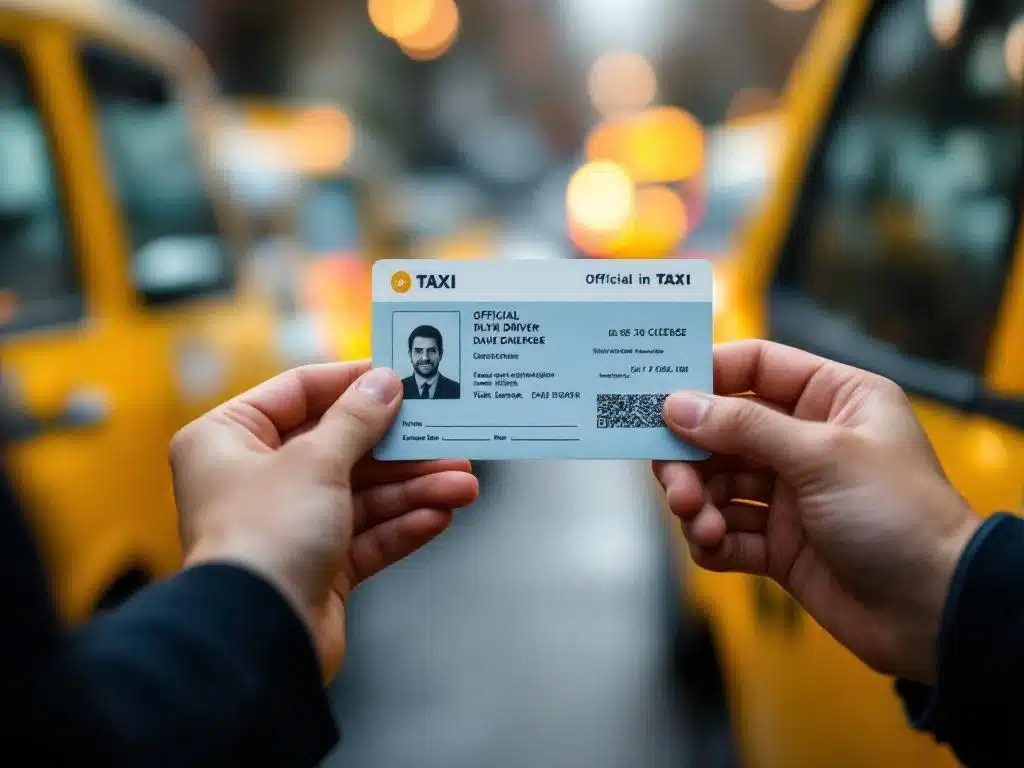 Handen houden Nederlandse taxichauffeur licentiekaart vast voor gele taxi deuren met professionele verlichting