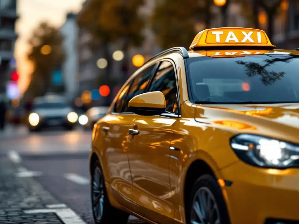 Gele taxi met verlicht TAXI-bord op Nederlandse straat tijdens gouden uur, professionele transportdienst
