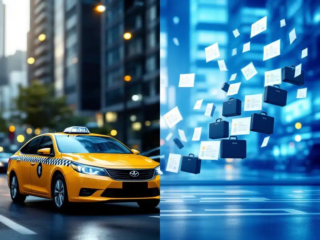 Gele taxi naast zwevende sollicitatiebrieven en aktetassen die carrièrekansen in transport en zakelijke sectoren tonen