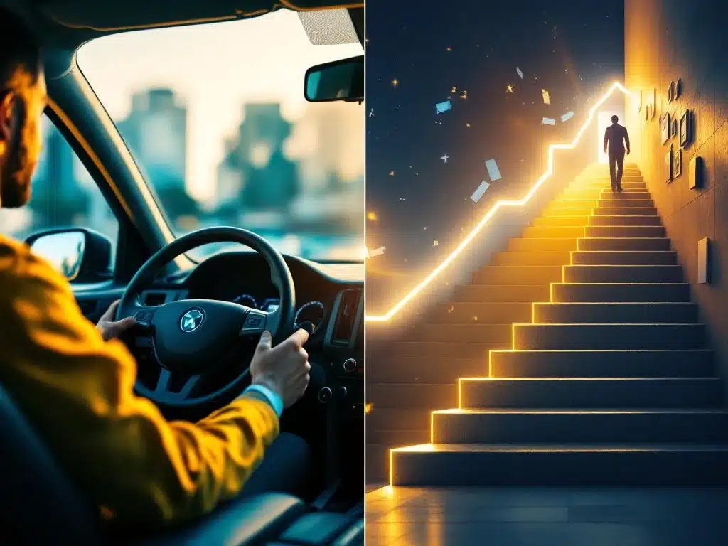 Taxichauffeur carrièreprogressie van taxi-interieur naar kantoor trap gemaakt van aktetassen en documenten