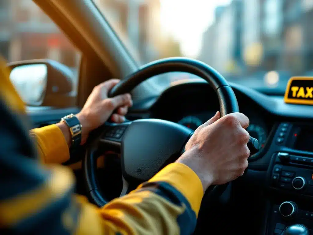 Professionele taxichauffeur achter het stuur met taximeter zichtbaar, vanuit passagiersstoel gefotografeerd in Nederlandse stad