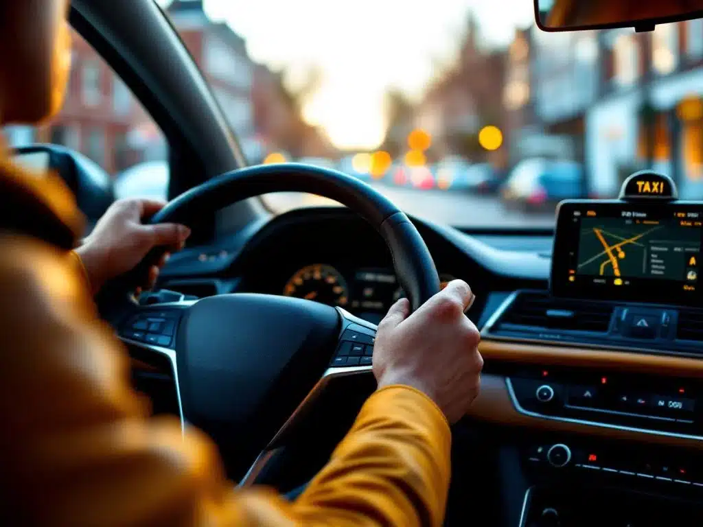 Taxichauffeur handen op stuur met GPS en taximeter zichtbaar, Nederlandse straatarchitectuur op achtergrond