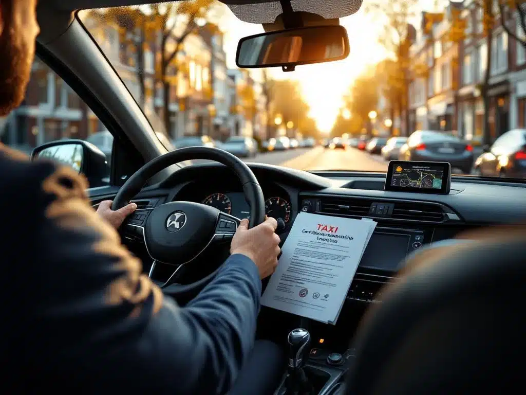 Professionele taxichauffeur achter het stuur in moderne taxi met navigatie en certificaten, Nederlandse straat op achtergrond