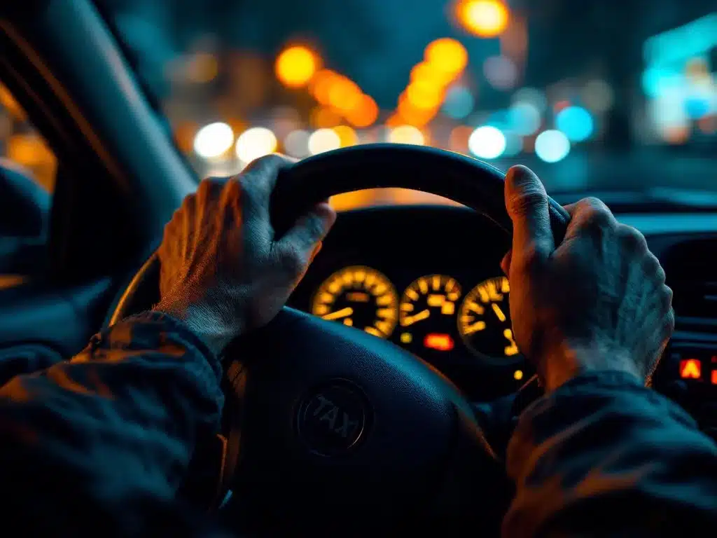 Verweerde handen grijpen taxistuur vast met verlichte dashboard meters op achtergrond, nachtelijke stedelijke werkdruk