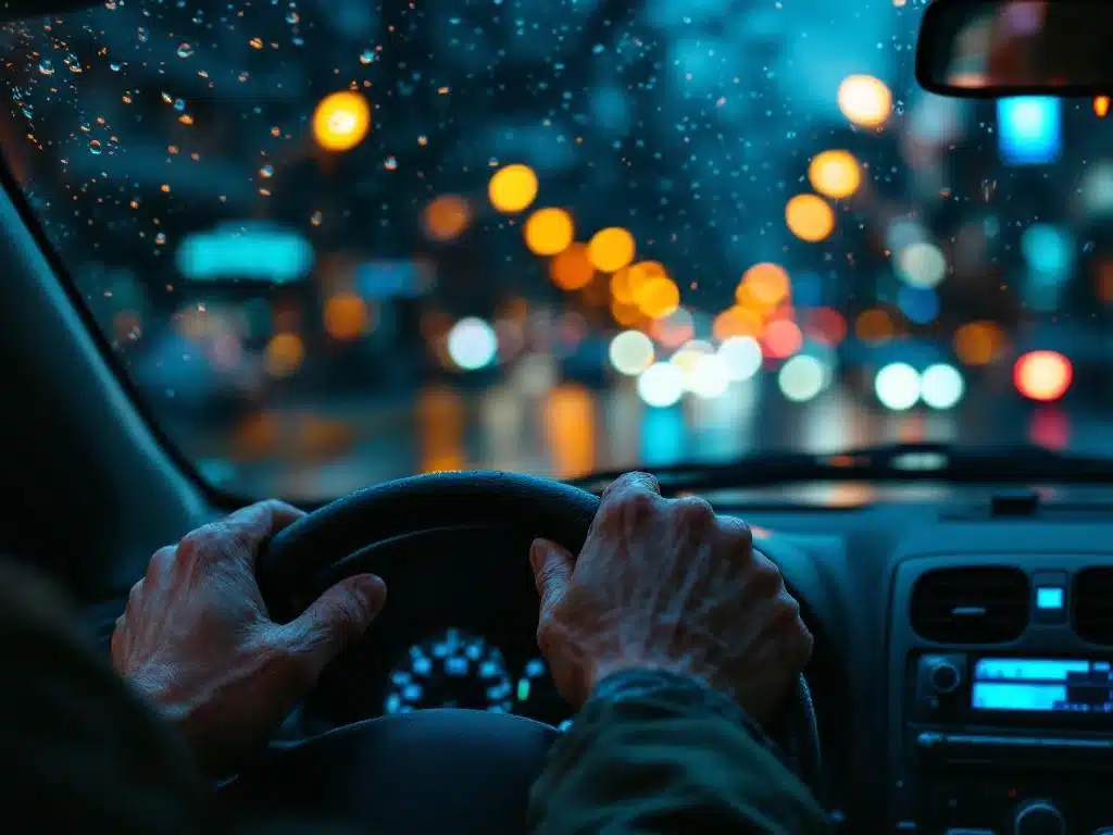 Verweerde handen van taxichauffeur aan stuur tijdens nachtdienst, met stadslichten en regendruppels op voorruit