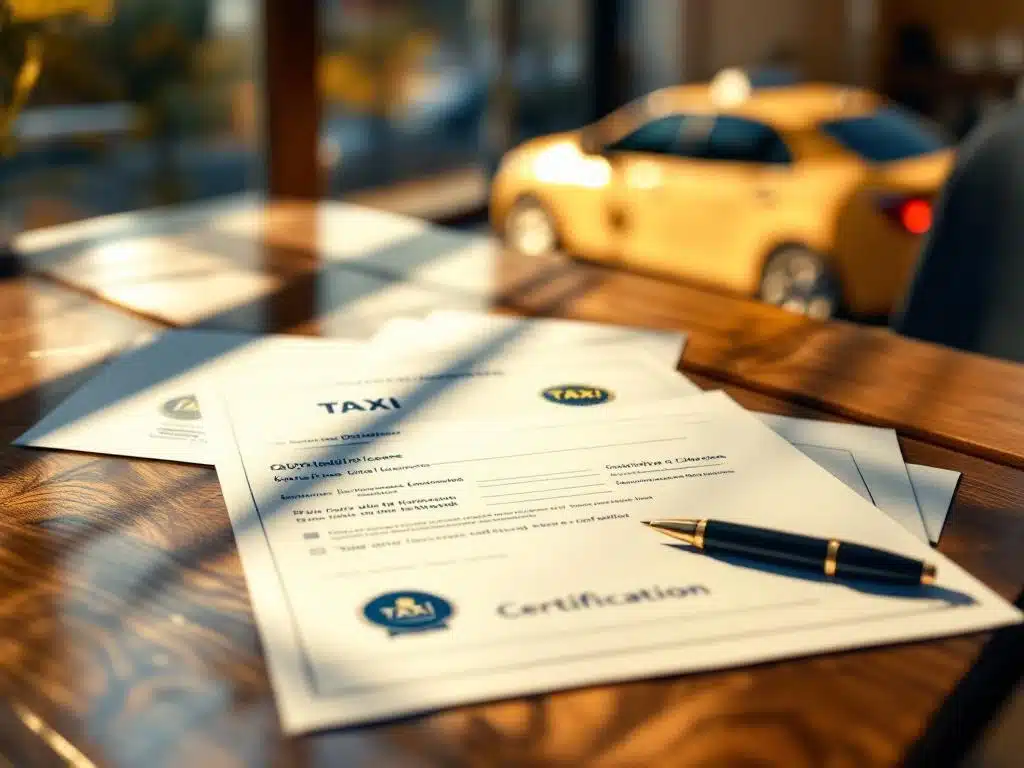 Taxichauffeur certificeringsdocumenten en vergunning op houten bureau met pen, gouden licht door raam