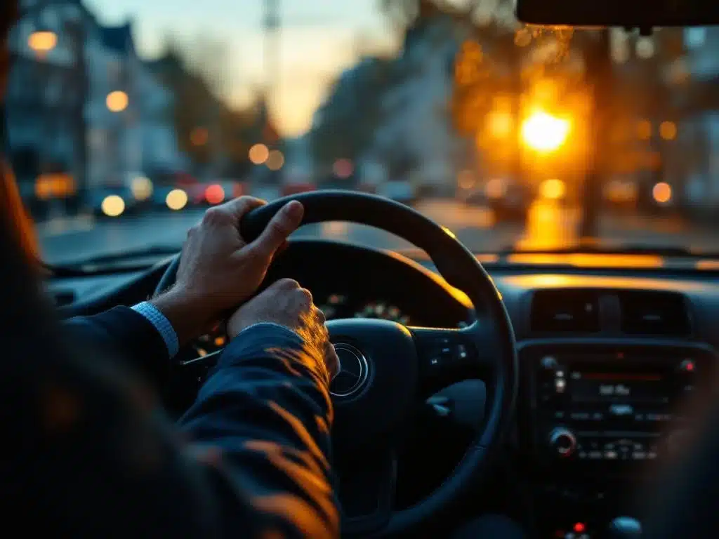 Taxichauffeur houdt stuur vast met pensioenboekje op passagiersstoel, Nederlandse stad op achtergrond bij gouden uur