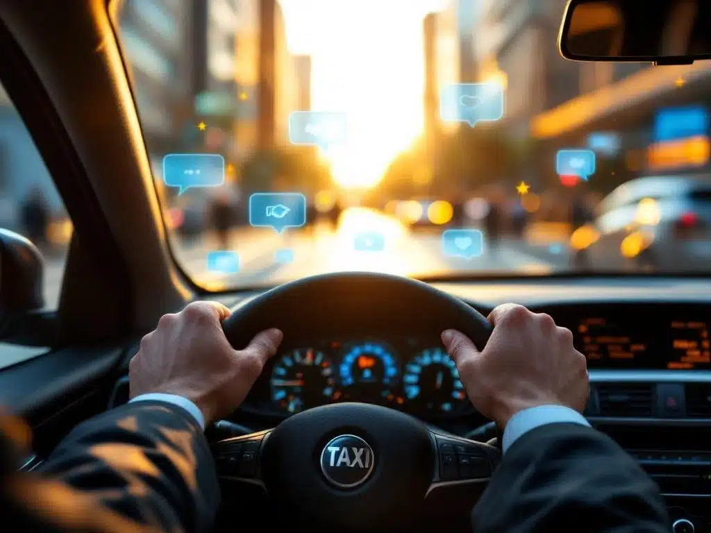 Professionele taxichauffeur achter het stuur met communicatie-iconen op dashboard in warm gouden licht