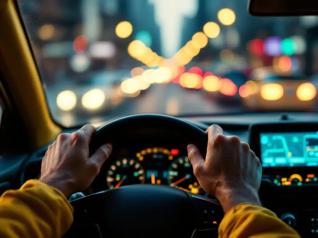 Gespannen handen van taxichauffeur aan stuur met verlichte dashboard en druk stadsverkeer op achtergrond