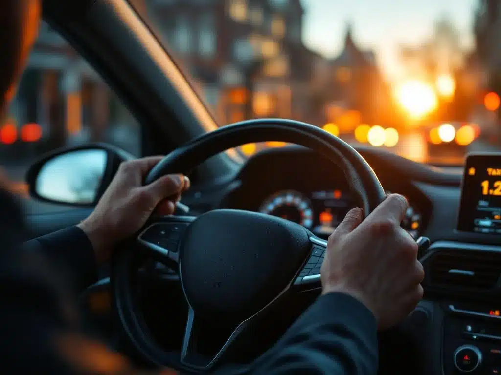 Professionele handen aan stuurwiel van taxi met navigatie en taximeter, Nederlandse straatachtergrond in gouden licht