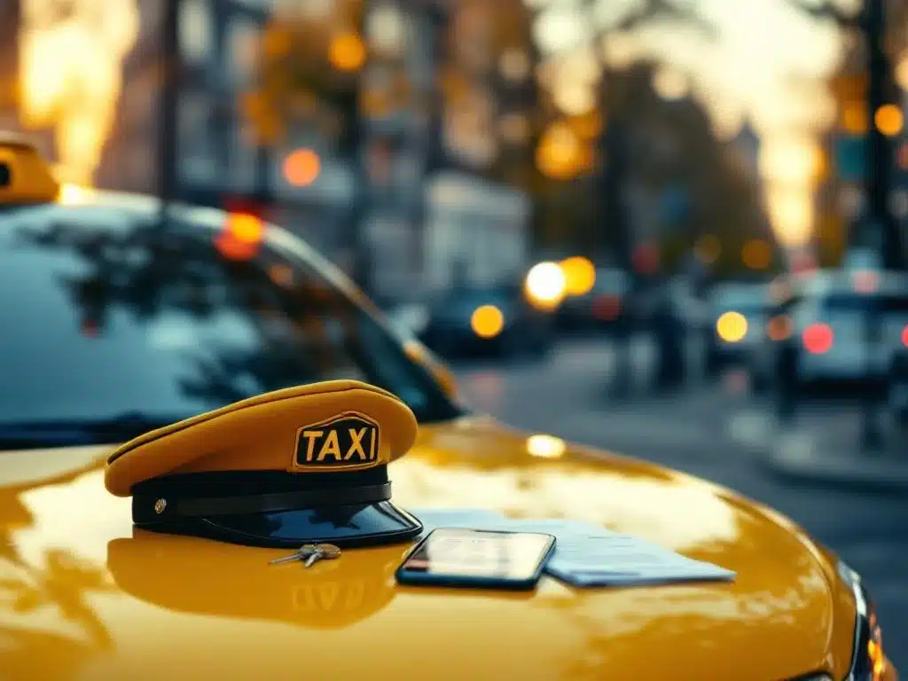 Gele taxi op Nederlandse straat met chauffeurspet, sleutels en smartphone met navigatie-app in gouden licht