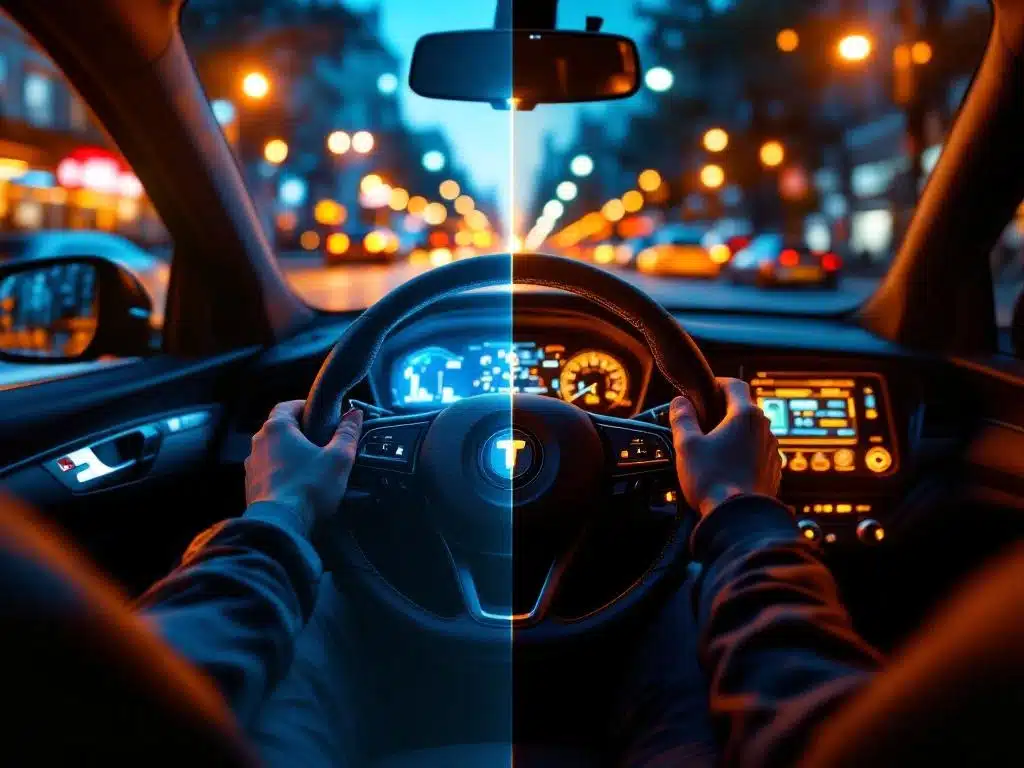 Taxi dashboard gesplitst tussen moderne digitale interfaces met GPS en traditionele analoge elementen zoals kaarten en contant geld