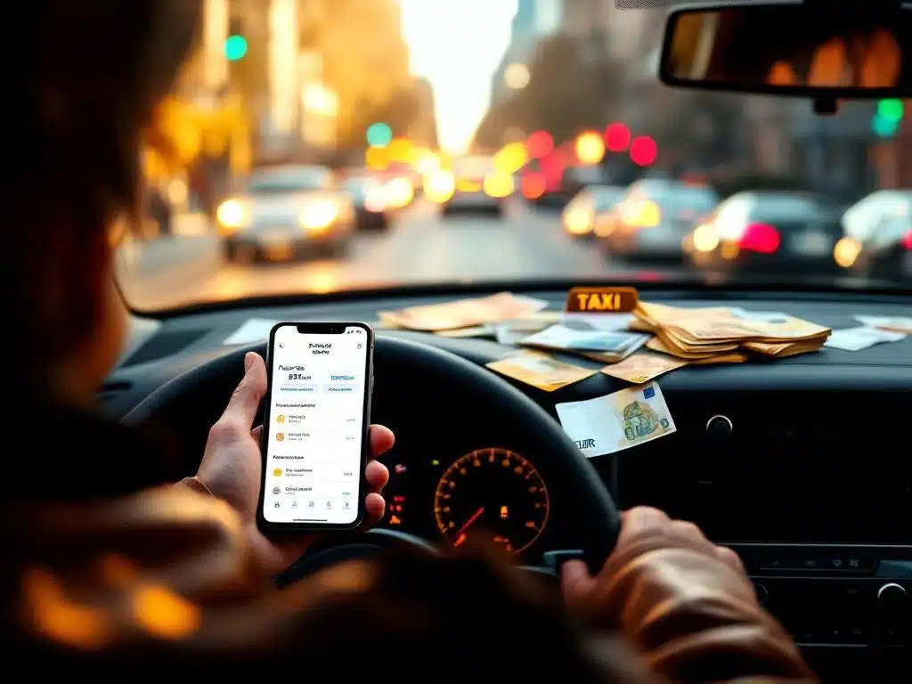 Taxi dashboard met smartphone voor flexibel werkrooster, eurobiljetten en rijbewijs in gouden zonlicht