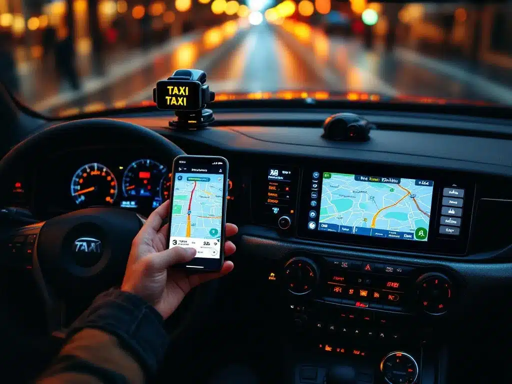 Bovenaanzicht taxi dashboard met smartphone GPS-navigatie, ingebouwd scherm met verkeersinformatie en taximeter