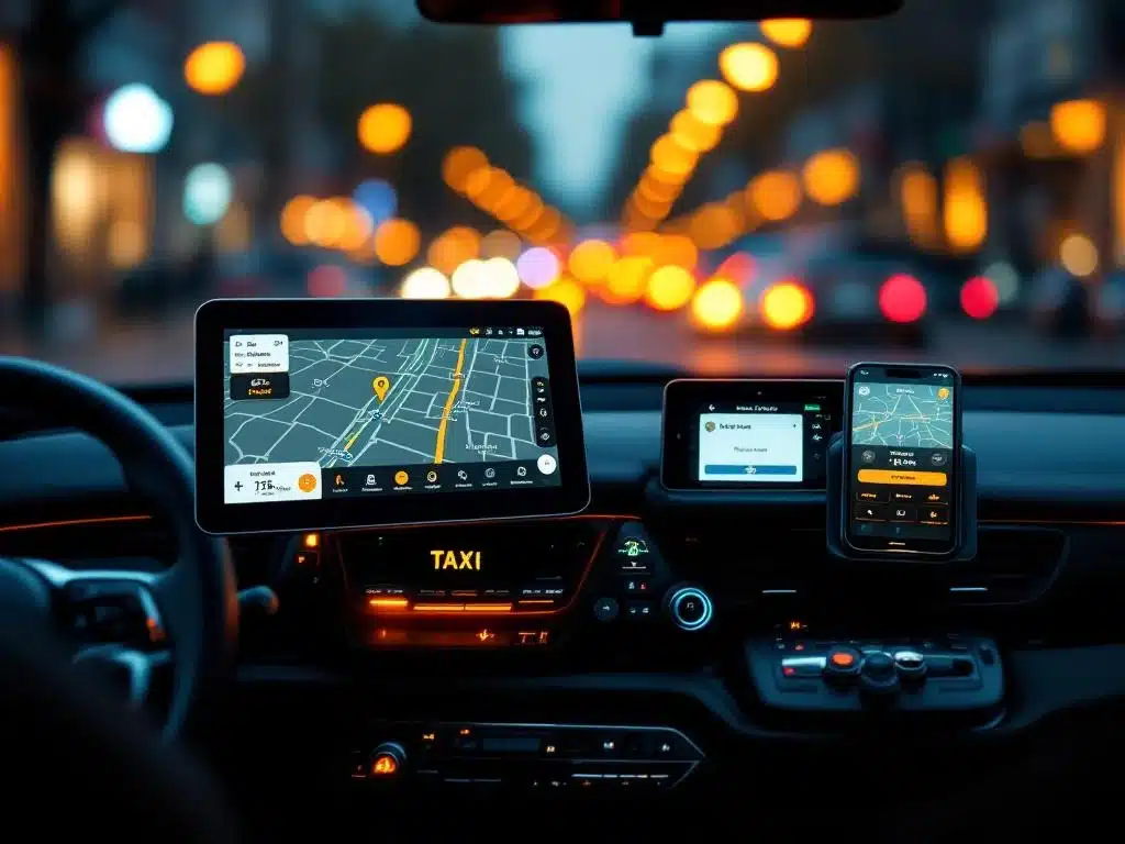 Modern taxidashboard met GPS-navigatie, betaalterminal, smartphone met taxi-app en digitale meter in Amsterdam taxi