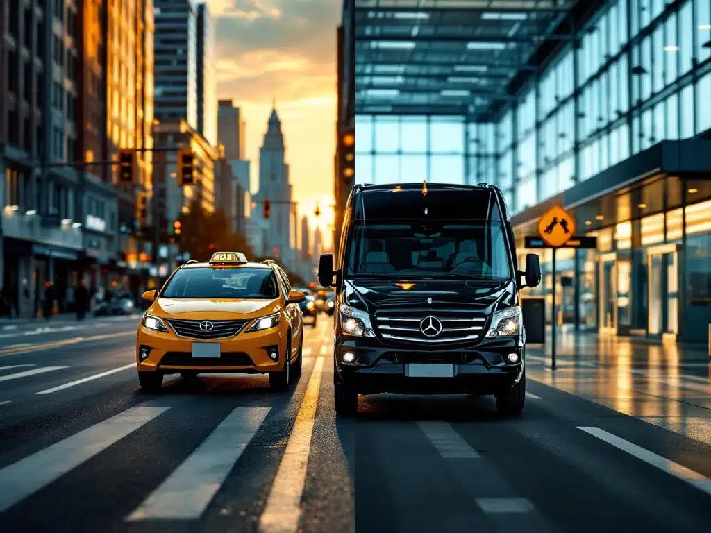 Gele stadstaxi op drukke straat naast zwarte luchthavenshuttle bij moderne terminal, split-screen vergelijking