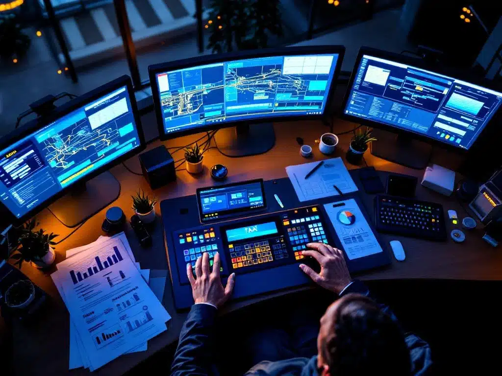 Moderne taxidispatchkamer met meerdere monitoren, routekaarten en professionele handen die controlepaneel bedienen