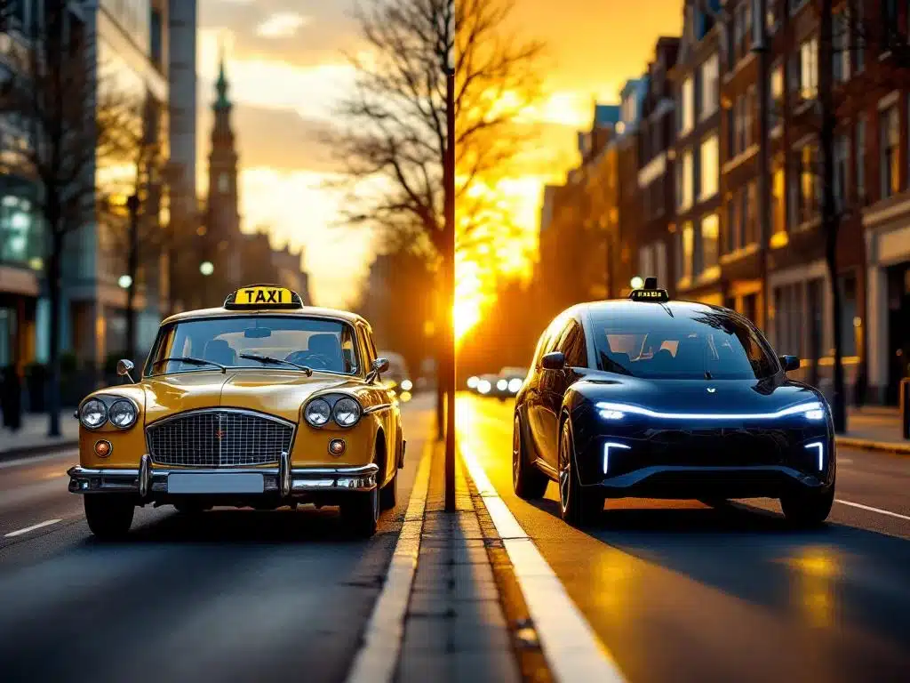 Gele taxi en autonome elektrische auto zij aan zij op Nederlandse stadsstraat tijdens gouden uur