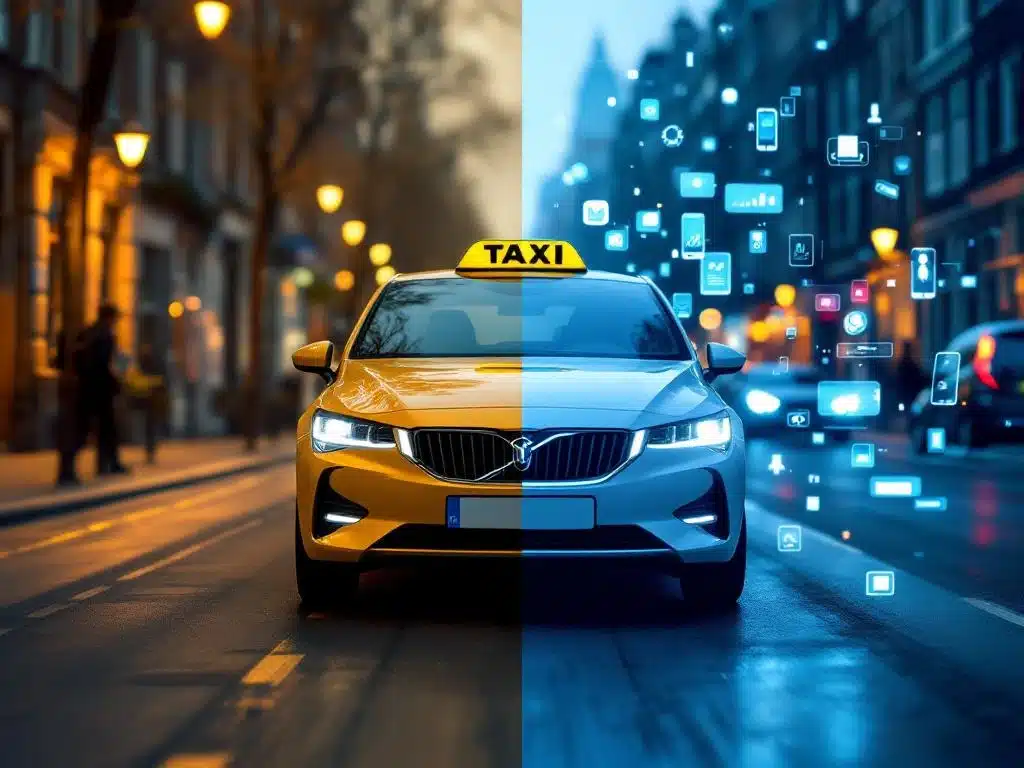 Gesplitst beeld van traditionele gele taxi en moderne elektrische taxi met app-interface in Nederlandse stadsomgeving