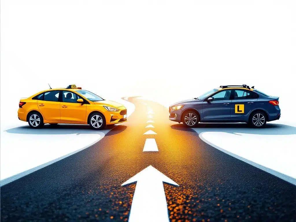 Gele taxi en rijschoolauto met L-bord verbonden door gebogen asfaltpijl, toont carrièreovergang naar rijinstructeur