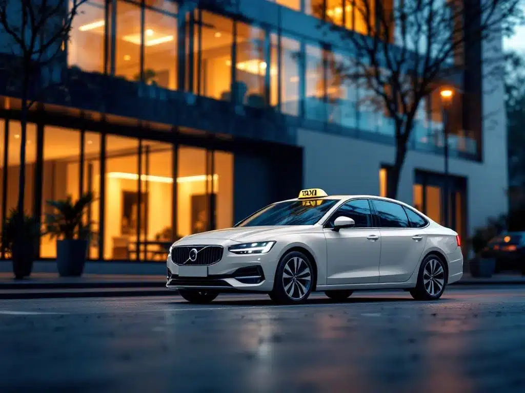Witte taxi voor moderne Nederlandse rijschool met glazen gevel, professionele verlichting en warme sfeer