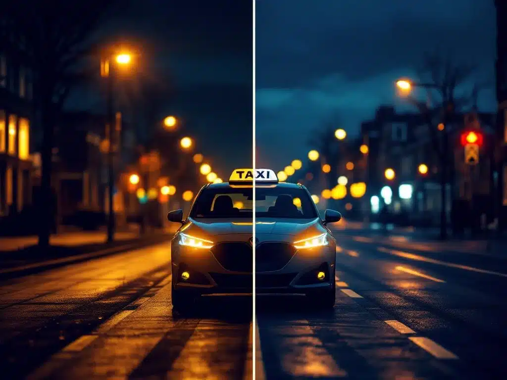 Moderne taxi 's nachts met veiligheidsuitrusting versus donkere straten met waarschuwingssymbolen in Nederlandse stad