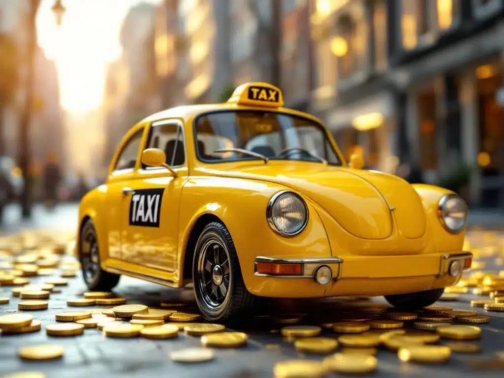 Gele taxi in Nederlandse stad omringd door euro munten en bankbiljetten, symboliseert verdienpotentieel