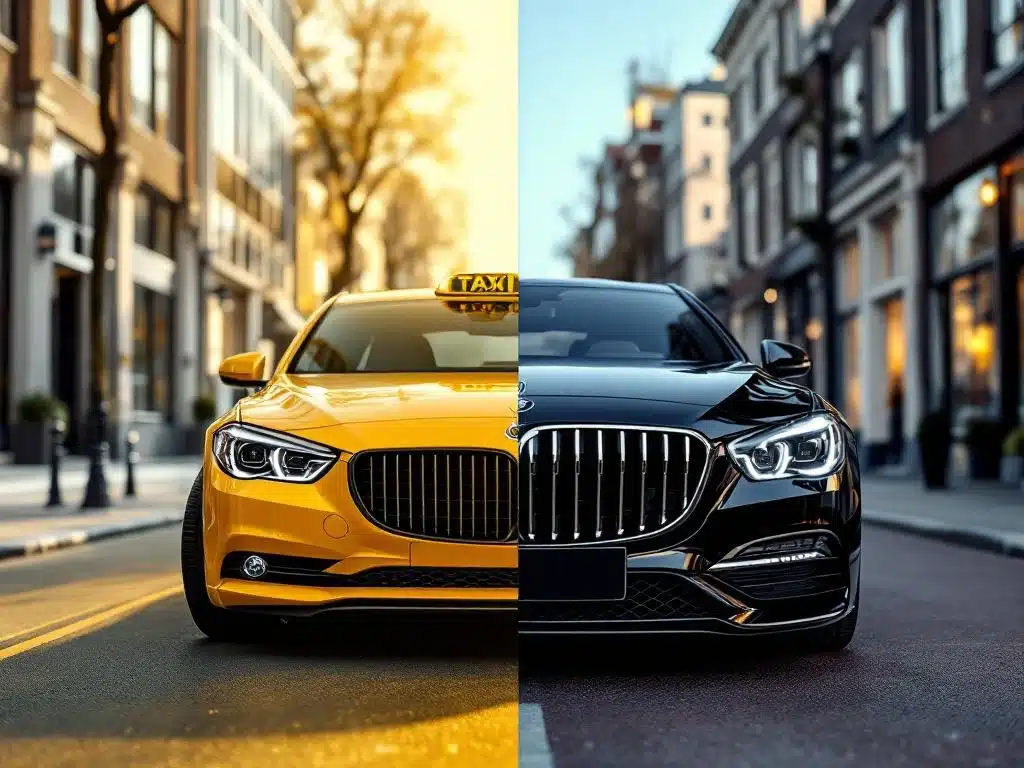 Gele taxi en zwarte chauffeurswagen naast elkaar op stedelijke straat met moderne Nederlandse architectuur op achtergrond