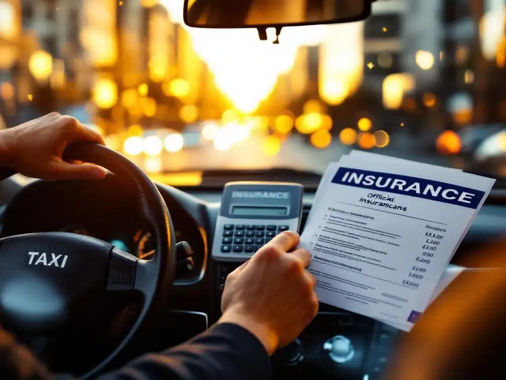 Taxichauffeur houdt stuur vast met verzekeringsdocumenten en polissen op dashboard in gouden uurtje licht