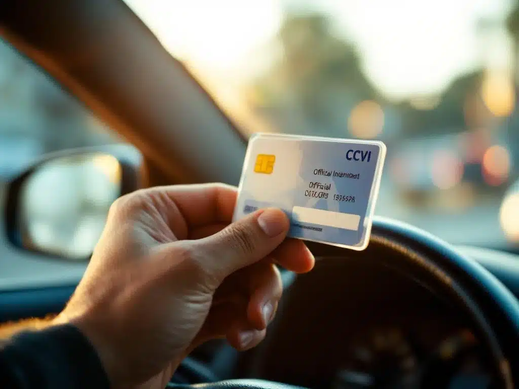 Taxichauffeur toont officiële CCV-identificatiekaart met chip terwijl hij het stuur vasthoudt, gefotografeerd vanuit passagiersstoel