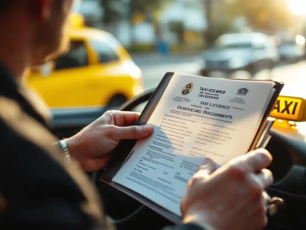 Taxichauffeur organiseert rijbewijs, medisch certificaat en kentekenpapieren in leren map op dashboard van gele taxi