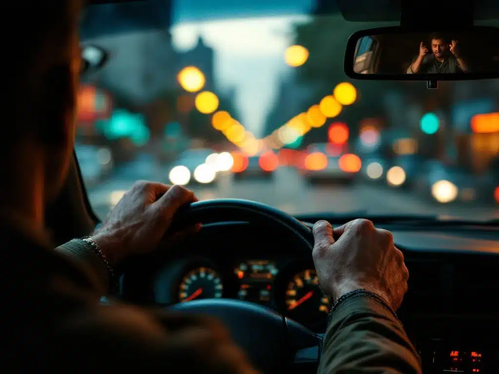 Taxichauffeur grijpt stuur vast met gespannen handen, boze passagier gebarend in achteruitkijkspiegel, stadstraten bij schemering