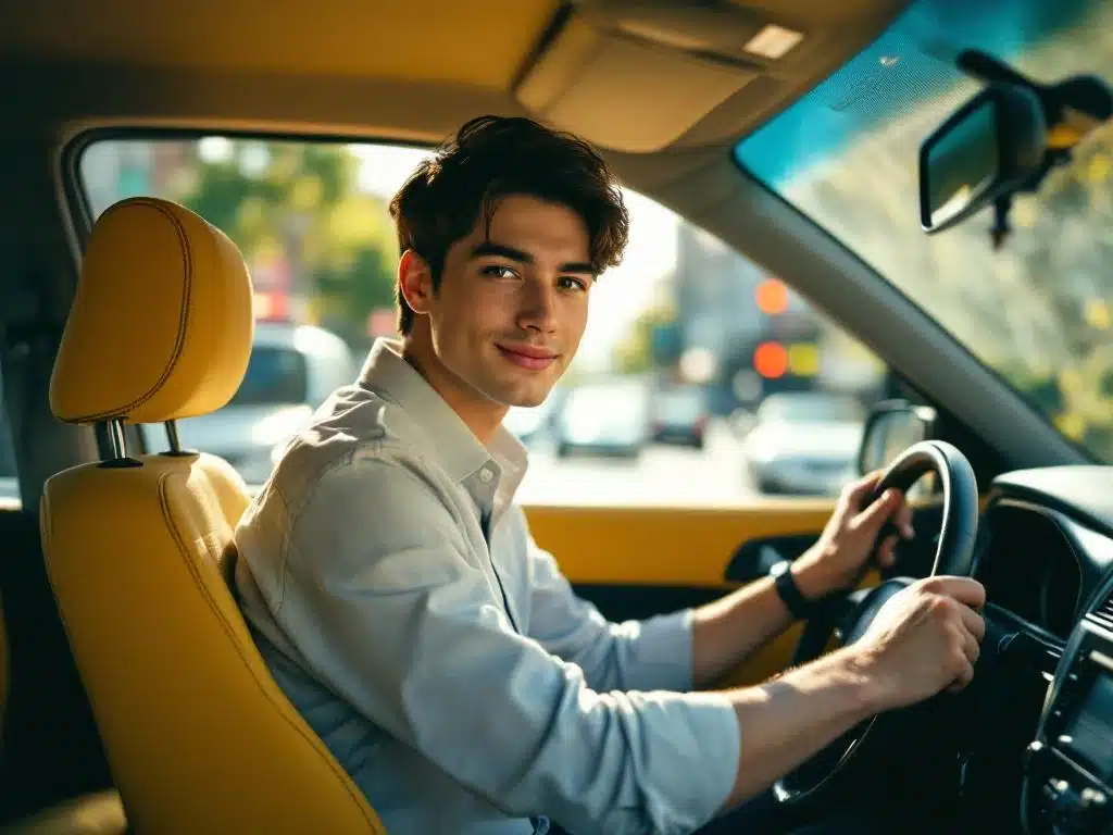 Jonge professionele taxichauffeur zit zelfverzekerd achter het stuur van gele taxi in warm namiddaglicht