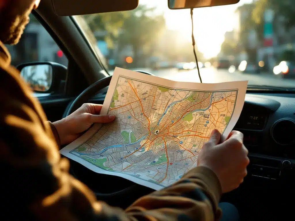 Taxichauffeur bestudeert papieren stadsplattegrond op dashboard, handen aan stuur, zonlicht door voorruit