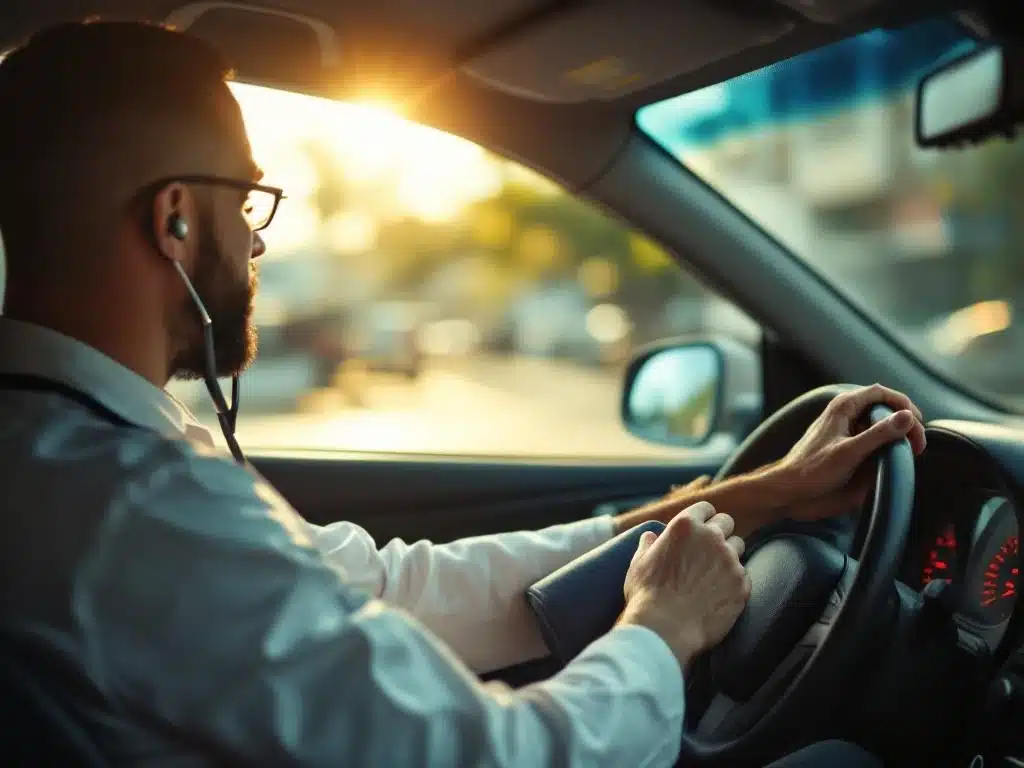 Taxichauffeur ondergaat medische controle door arts met stethoscoop in auto, klembord op dashboard zichtbaar