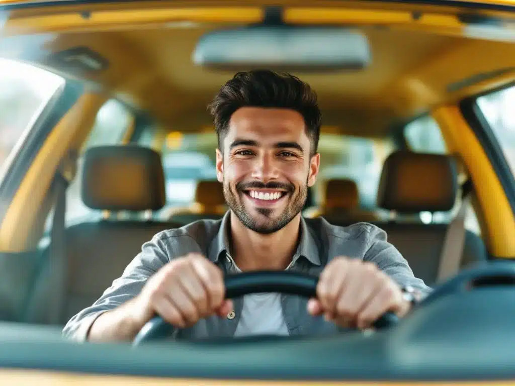 Zelfverzekerde taxichauffeur met vrolijke glimlach achter het stuur van gele taxi, klaar voor nieuwe carrière