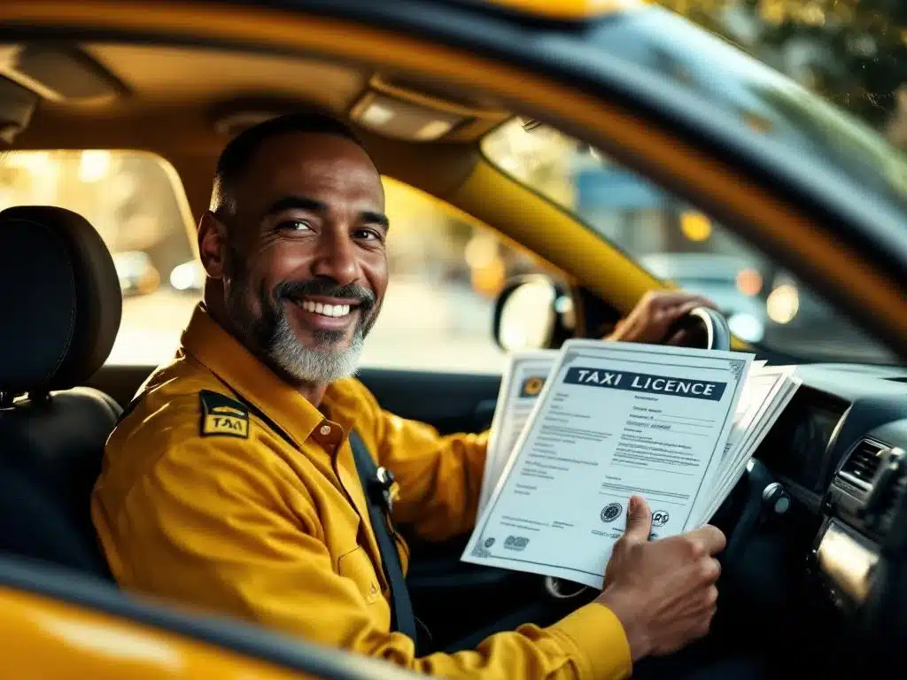 Professionele taxichauffeur toont zijn nieuwe taxivergunning in gele taxi met GPS en taximeter zichtbaar