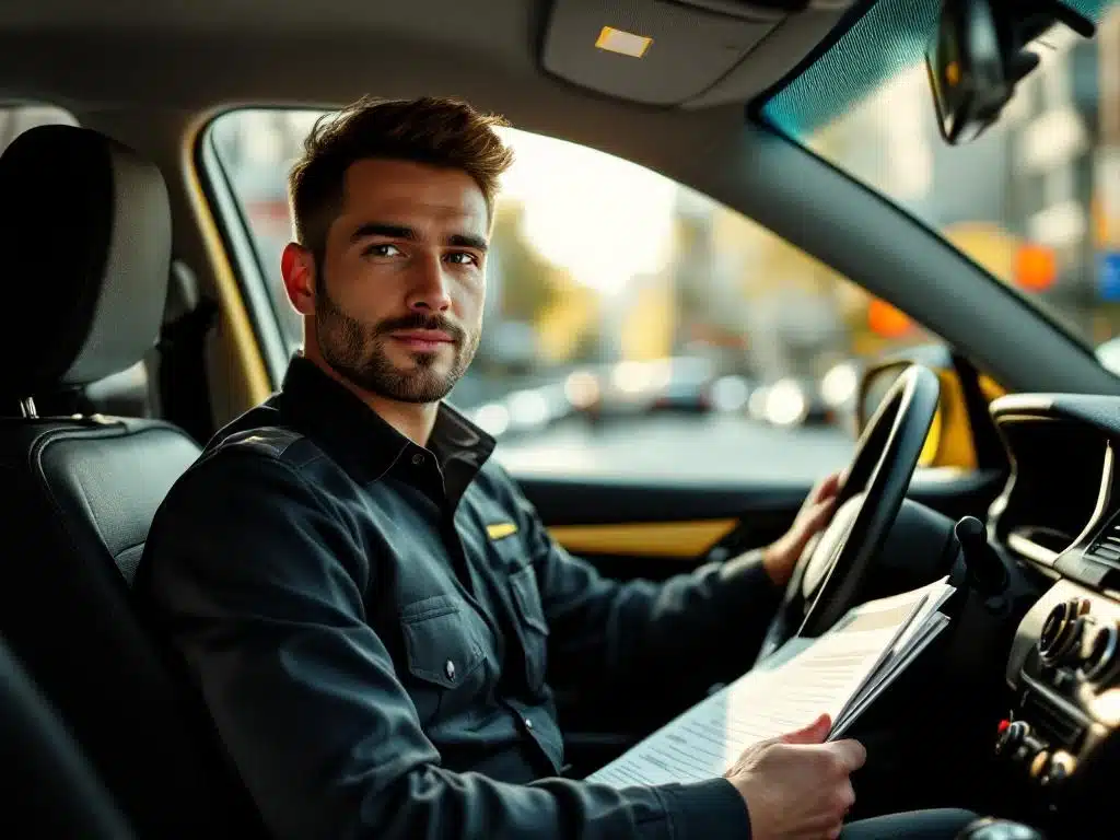 Professionele taxichauffeur in uniform houdt stagepapieren vast in gele taxi, rijschool op achtergrond