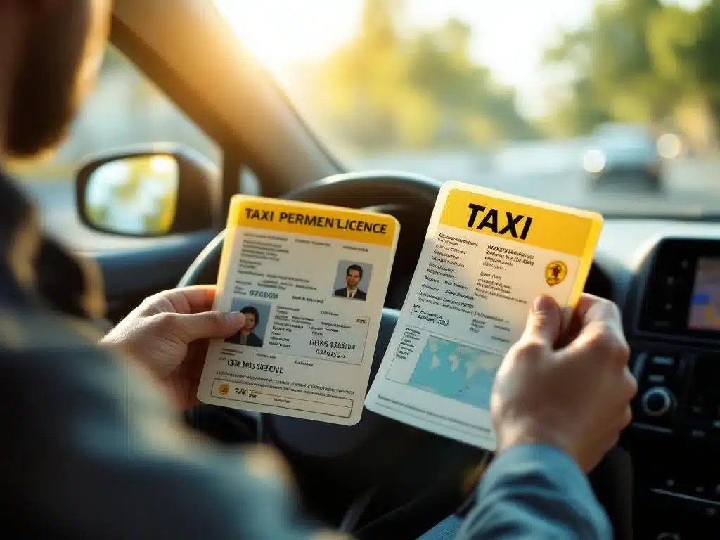 Taxichauffeur toont buitenlands rijbewijs en lokale taxivergunning achter het stuur met GPS-navigatie op dashboard