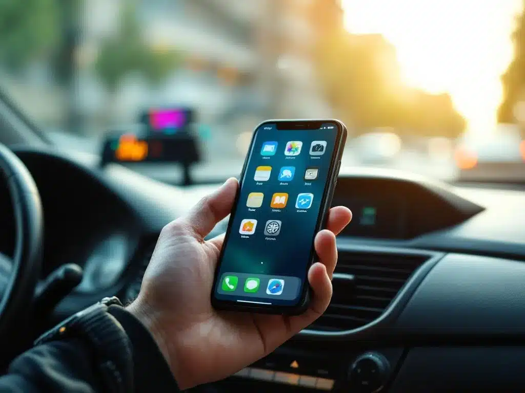 Taxichauffeur houdt smartphone met app-iconen vast in taxi-interieur met GPS en taximeter op achtergrond