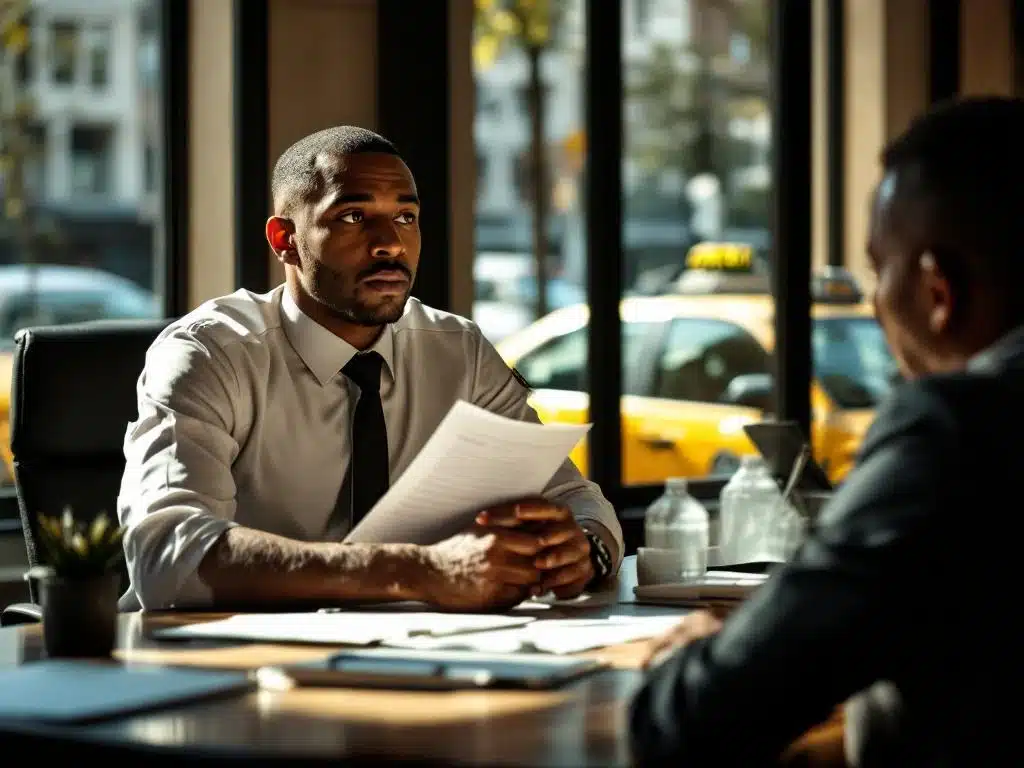 Professionele taxichauffeur in wit overhemd tijdens sollicitatiegesprek met CV en taxivergunning op bureau
