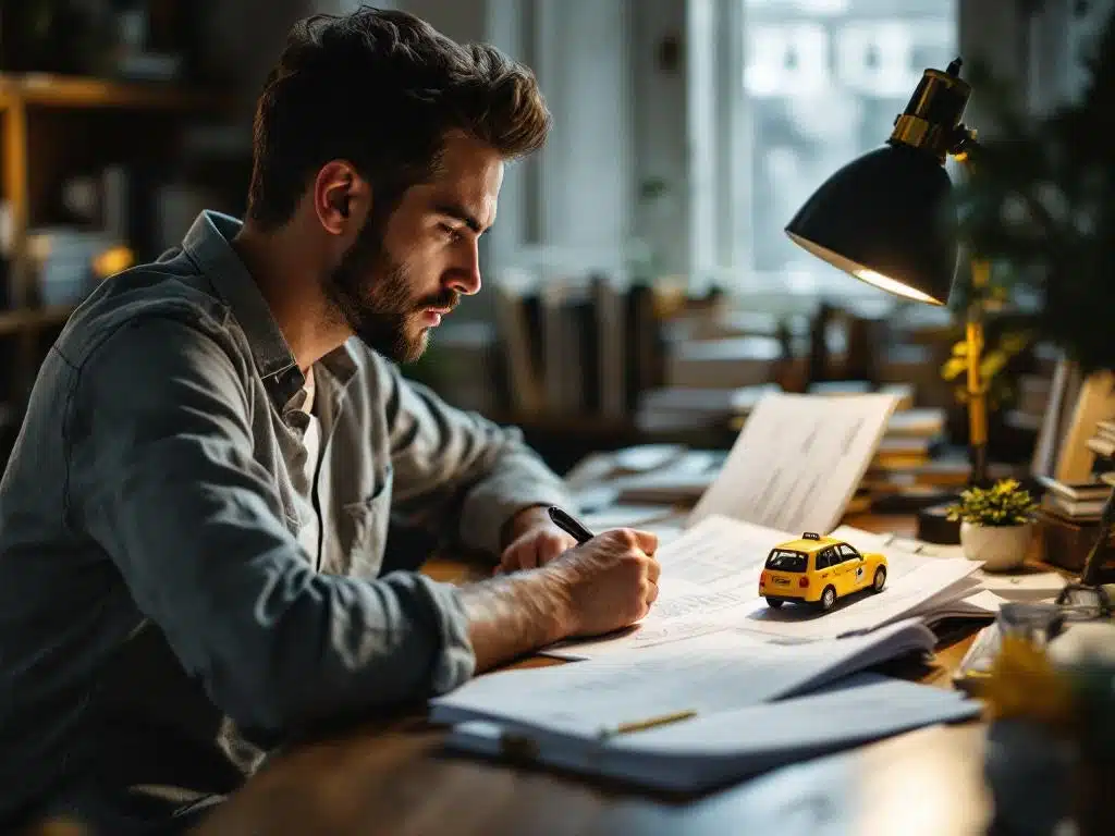 Taxichauffeur in opleiding bestudeert theorie-examenboeken aan bureau met gele speelgoedtaxi en bureaulamp