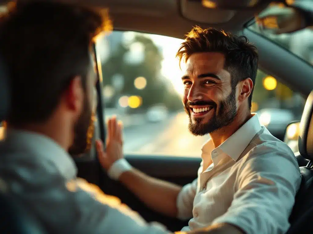 Professionele taxichauffeur glimlacht vriendelijk en steekt hand uit naar passagier in schone moderne taxi