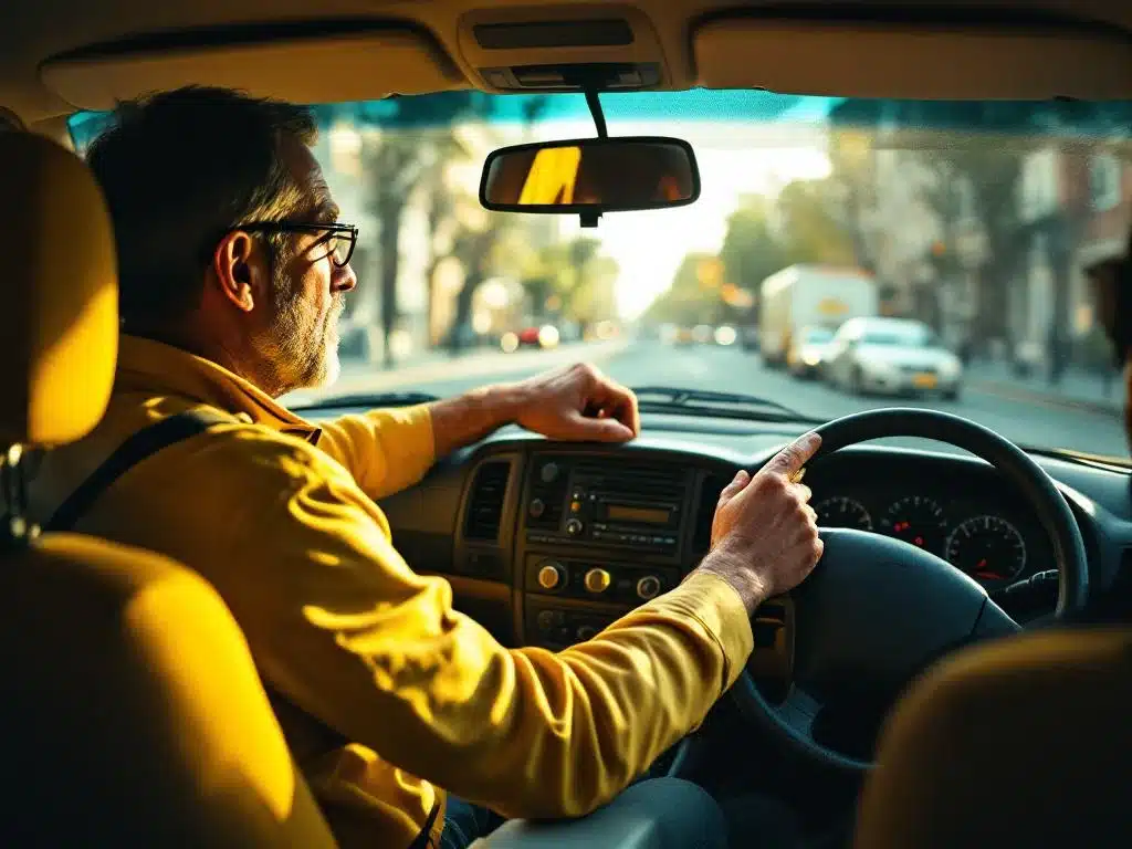 Ervaren taxichauffeur instrueert nerveuze nieuwe bestuurder bij dashboardbediening in gele taxi, gefotografeerd vanuit achterbank