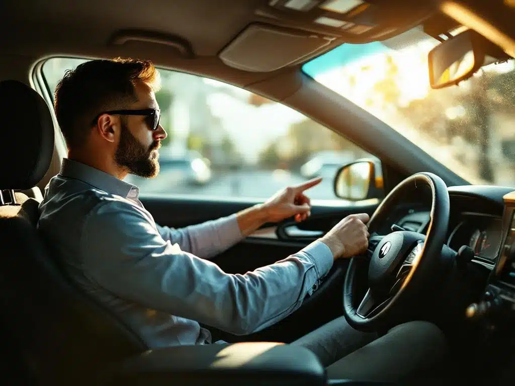 Taxi-instructeur wijst naar dashboard terwijl hij bedieningselementen uitlegt aan leerling-chauffeur in moderne taxi