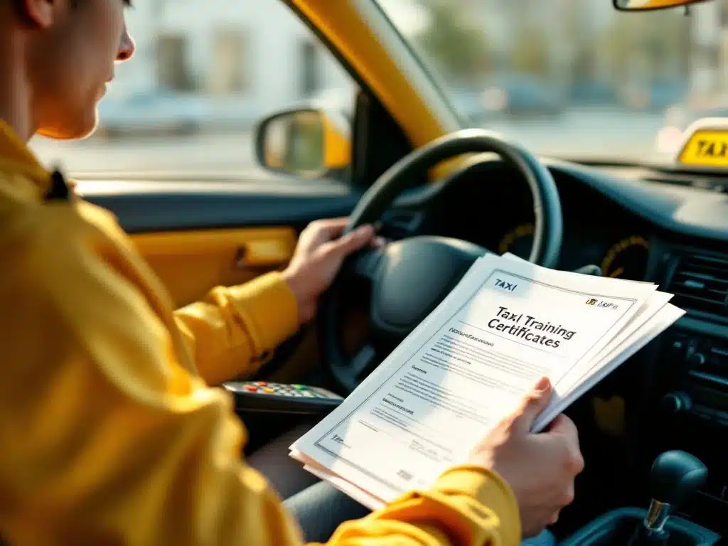 Professionele taxichauffeur in gele taxi toont trainings-certificaten, rekenmachine en eurobiljetten zichtbaar op passagiersstoel